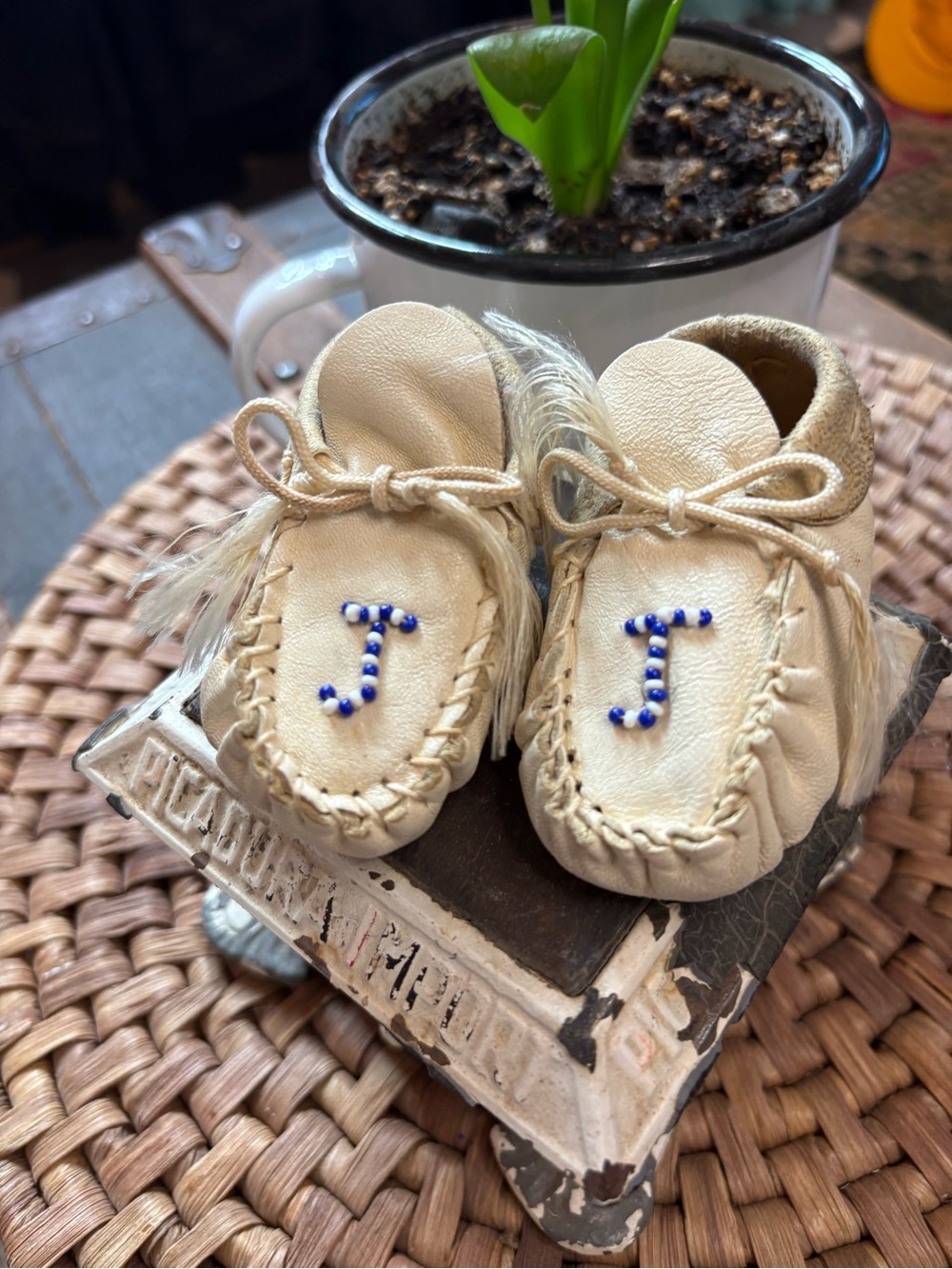 Vintage Handcrafted Beige Baby Moccasins with Beaded 'J'
